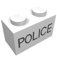 Деталь LEGO Brick 1 x 2 with Thin Black POLICE Print, Белый