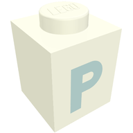 Деталь LEGO Brick 1 x 1 with Blue 'P' Print (Bold Font), Белый