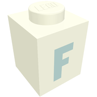 Деталь LEGO Brick 1 x 1 with Blue 'F' Print (Bold Font), Белый