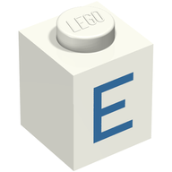 Деталь LEGO Brick 1 x 1 with Blue E Print, Белый