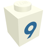 Деталь LEGO Brick 1 x 1 with Blue '9' Print (Bold Font), Белый