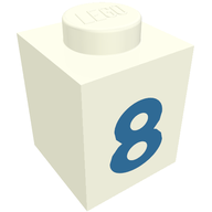 Деталь LEGO Brick 1 x 1 with Blue '8' Print (Bold Font), Белый