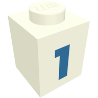 Деталь LEGO Brick 1 x 1 with Blue '1' Print (Bold Font), Белый