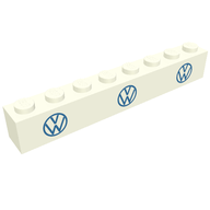 Деталь LEGO Brick 1 x 8 without Bottom Tubes with Cross Side Supports with 3 Blue VW Logo Print, Белый