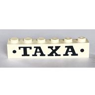 Деталь LEGO Brick 1 x 6 without Bottom Tubes with Cross Side Supports with Black 'TAXA' and Dots Bold Print, Белый