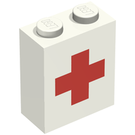 Деталь LEGO Brick 1 x 2 x 2 with Inside Axle Holder with Red Cross Print, Белый