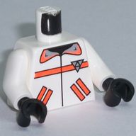 Деталь LEGO Torso Jacket with Res-Q Logo, Orange Stripes, Pockets, Back Logo Print, White Arms, Black Hands, Белый