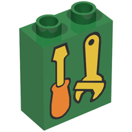 Деталь LEGO Duplo, Brick 1 x 2 x 2 with Screwdriver and Wrench Print, Зеленый