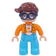 Деталь LEGO Duplo Figure with Hair Swept Right Reddish Brown, with Medium Azure Legs, Shirt  Print and Dark Blue Glasses, Оранжевый