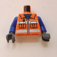 Деталь LEGO Torso Vest with Reflective Stripes, Zipper, and Pockets and Blue Shirt Print, Blue Arms, Dark Bluish Gray Hands, Оранжевый
