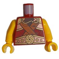 Деталь LEGO Torso Armour, Gold Plates, Necklace, and Orange Straps print, Yellow Arms and Hands, Темно-красный