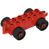 Деталь LEGO Duplo Car Base, 2 x 6 with Black Wheels and Open Hitch End, Красный