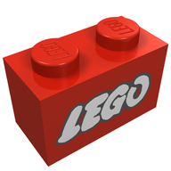 Деталь LEGO Brick 1 x 2 with LEGO Logo Old Style White with Black Outline Print, Красный