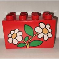 Деталь LEGO Duplo Brick 2 x 4 x 2 with 2 White Daisies Print, Красный