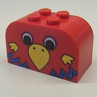 Деталь LEGO Brick Curved 2 x 4 x 2 Double Curved Top with Parrot Head, Yellow Beak, Blue feathers Print, Красный