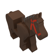 Деталь LEGO Animal, Horse, Movable Head, Black Eyes, Red Bridle, Black Mane Print, Коричневый