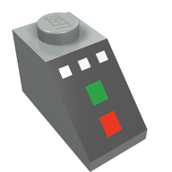 Деталь LEGO Slope 45° 2 x 1 with Bottom pin, with 3 White Buttons, Red and Green Lamps Print, Светло-серый