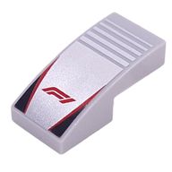 Деталь LEGO Slope Curved 2 x 1 No Studs with Red 'F1', Red Lines, Black Triangles on Silver Striped Background print, Светлый сине-серый