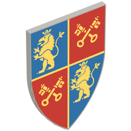 Деталь LEGO Minifig Shield Triangular Long with Gold Lion and Crossed Keys on Red/Blue Field print, Светлый сине-серый