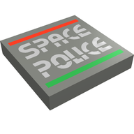 Деталь LEGO Tile 2 x 2 with Space Police II Print logo, Темный сине-серый