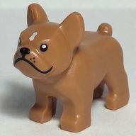 Деталь LEGO Animal, Dog, French Bulldog - Grumpy Face with Black Nose and Mouth - White Spot on Forehead Print, Средне-темный телесный