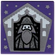 Деталь LEGO Tile 2 x 2 with Wizard Card Albus DumbleDore - Silver print, Темно-фиолетовый